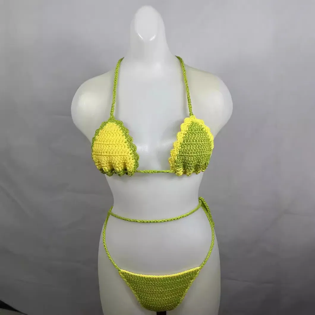 Women&prime;s Two Pieces Contrasting Color Hand Crochet Bikini