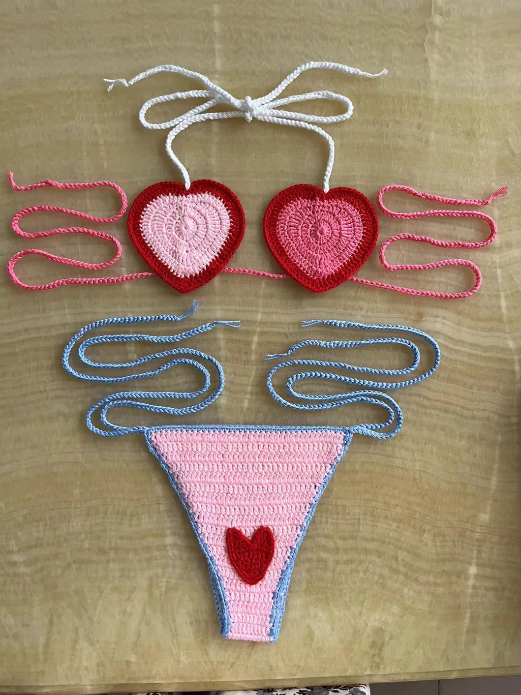 Women&prime;s Hand-Crocheted Contrast Color Heart Shape String Two Piece Bikini