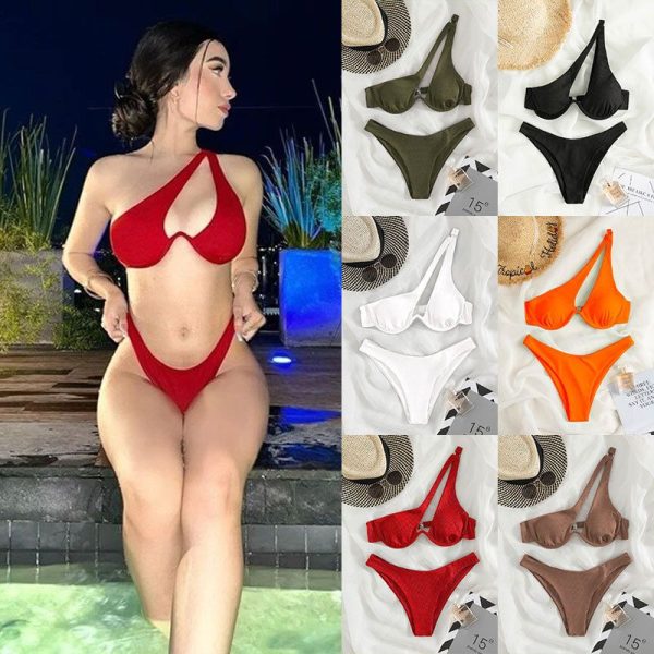 2024 Solid Color Hot Spring Split Swimsuit for Women Sexy Single Shoulder Steel Support Swimsuit