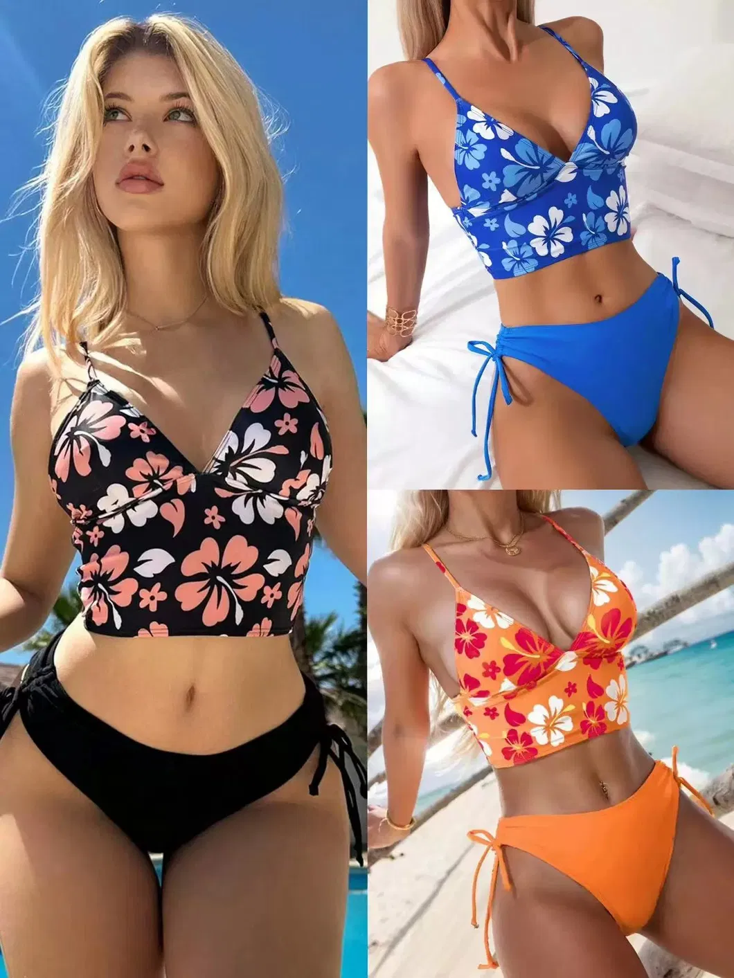 2025 New Fashion Hibiscus Prints V Neck Two Piece Swimsuit for Women Cheap Swimwear Manufacturers China