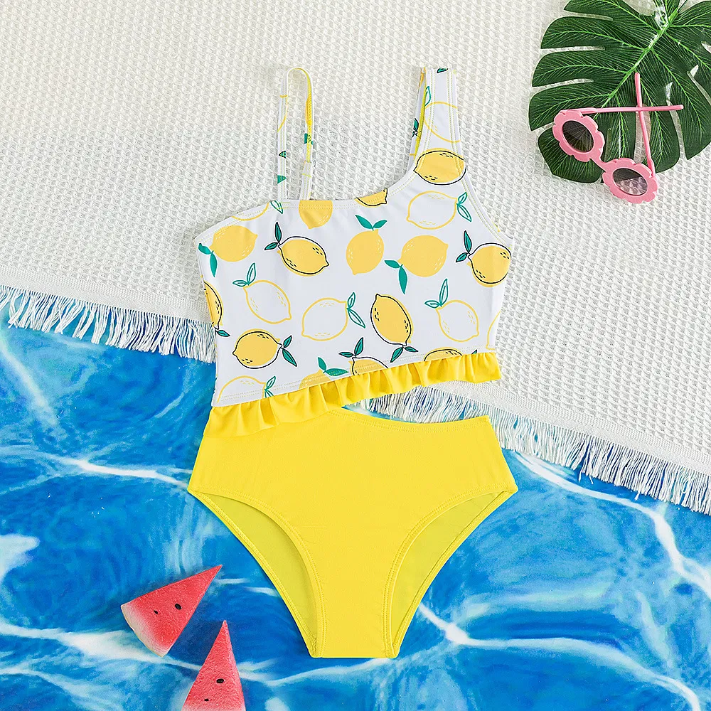 2025 New Girl&prime;s Lemon Print Cut out One Piece Swimwear