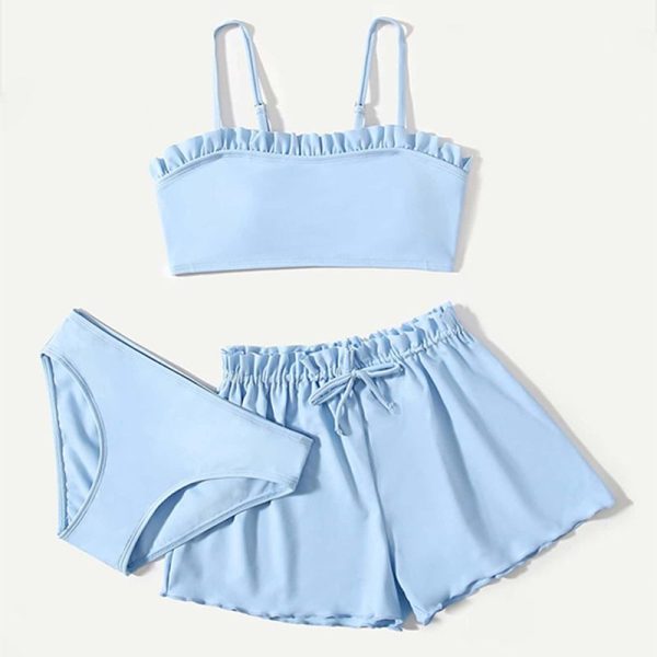 2025 New Girl′s Solid Color Three Pieces Swimsuit Tube Top with Ruffle and Boyshorts