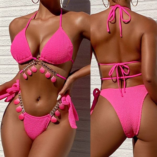 2025 New Hot Pink Texture Fabric Sexy Bikini Two Pieces High Waisted Swimsuit with Shell Chian for Young Women Low MOQ Swimwear Manufacturer