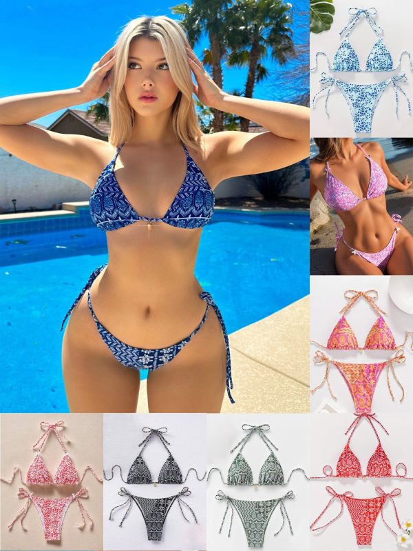 2025 New Sexy Women′s Two Piece Printed String Brazilian Swimsuit with Gold Charm and Bows Sustainable Swimwear Manufacturer