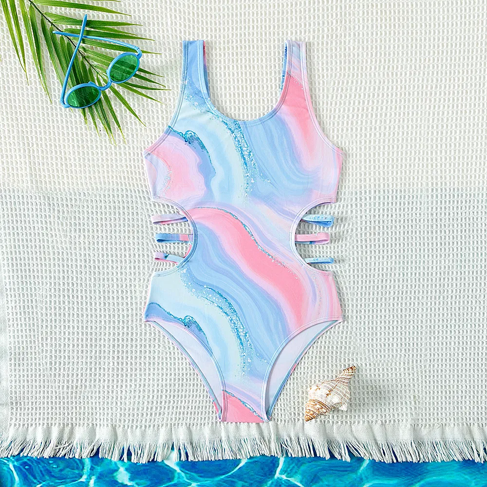 Girl&prime;s Tie Dye Cut out Waist One Piece Swimwear