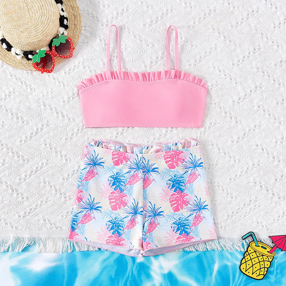 Girls&prime; Cute Pink Crop Top Leaf Print Shorts Two Piece Swimsuits