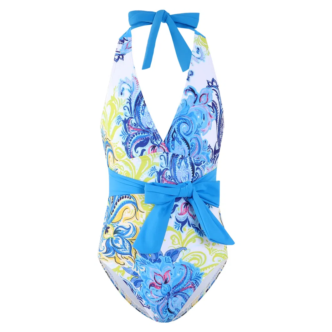 Girls&prime; Lovely Flower Printing Bowknot Waist Band Halter One Piece Swimsuit