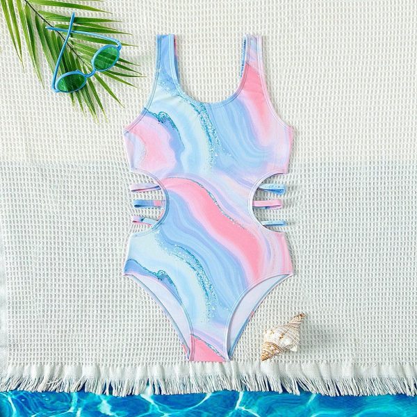 Girl′s Tie Dye Cut out Waist One Piece Swimwear