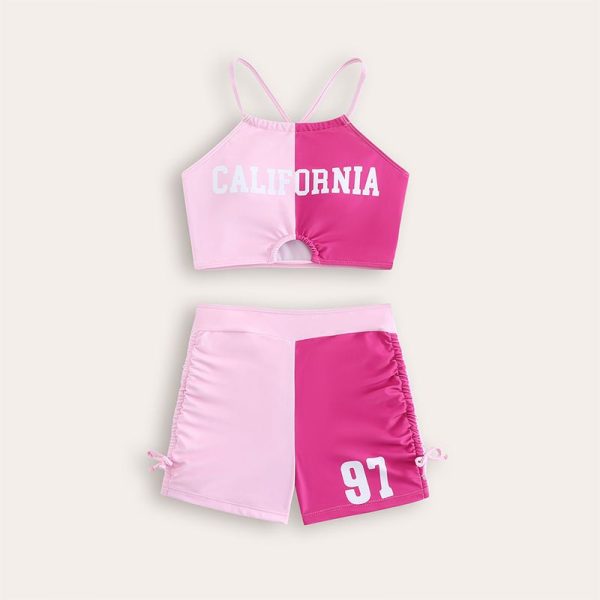 New Girl′s Contrast Color Letter Print Bodyshorts Two Piece Swimsuits