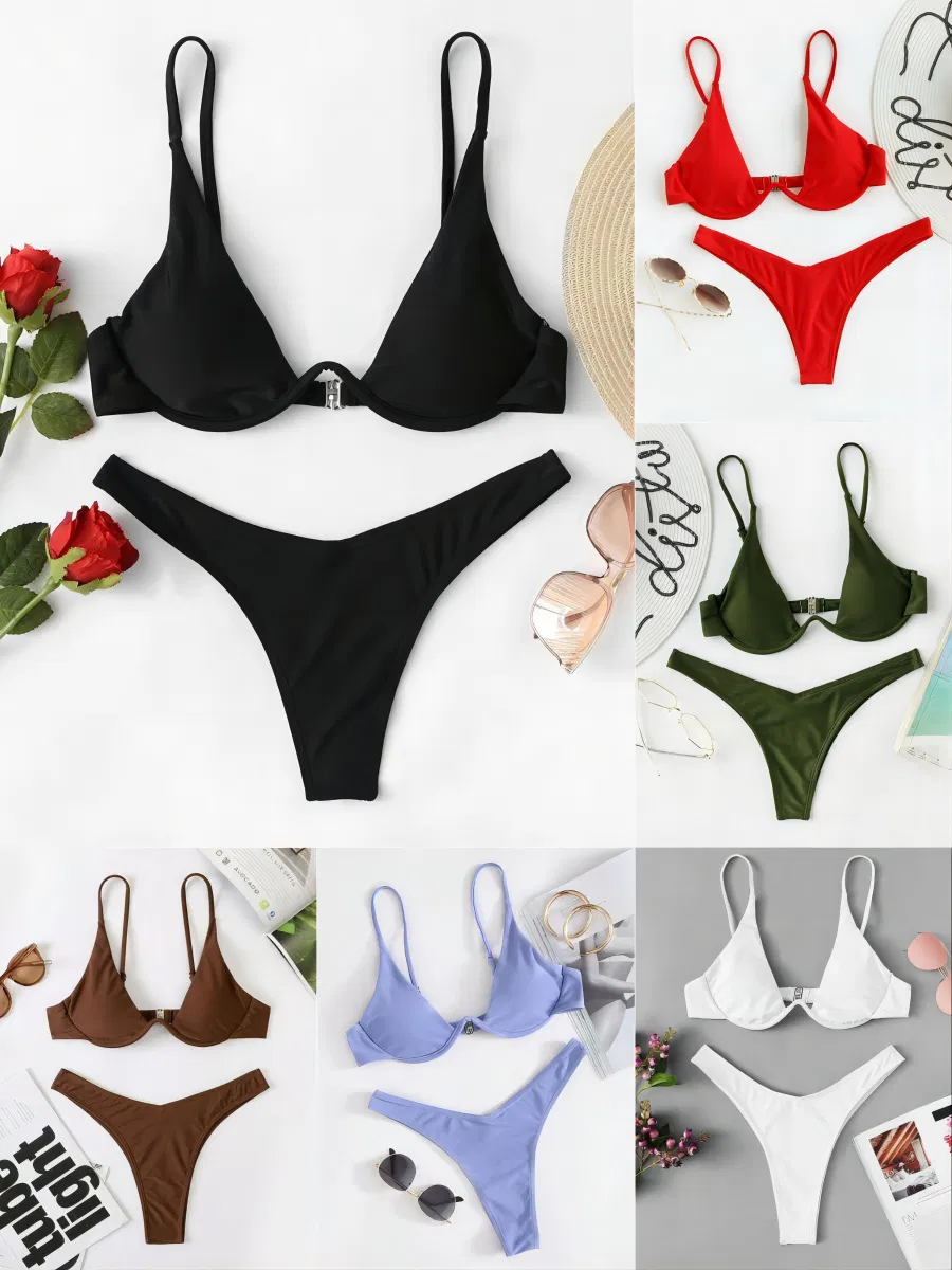 New Solid Color Underwire High Cut Two Pieces Swimsuit for Women