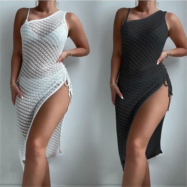 Women Knitted Sexy One-Shoulder Side Split Drawstring MIDI Cover up