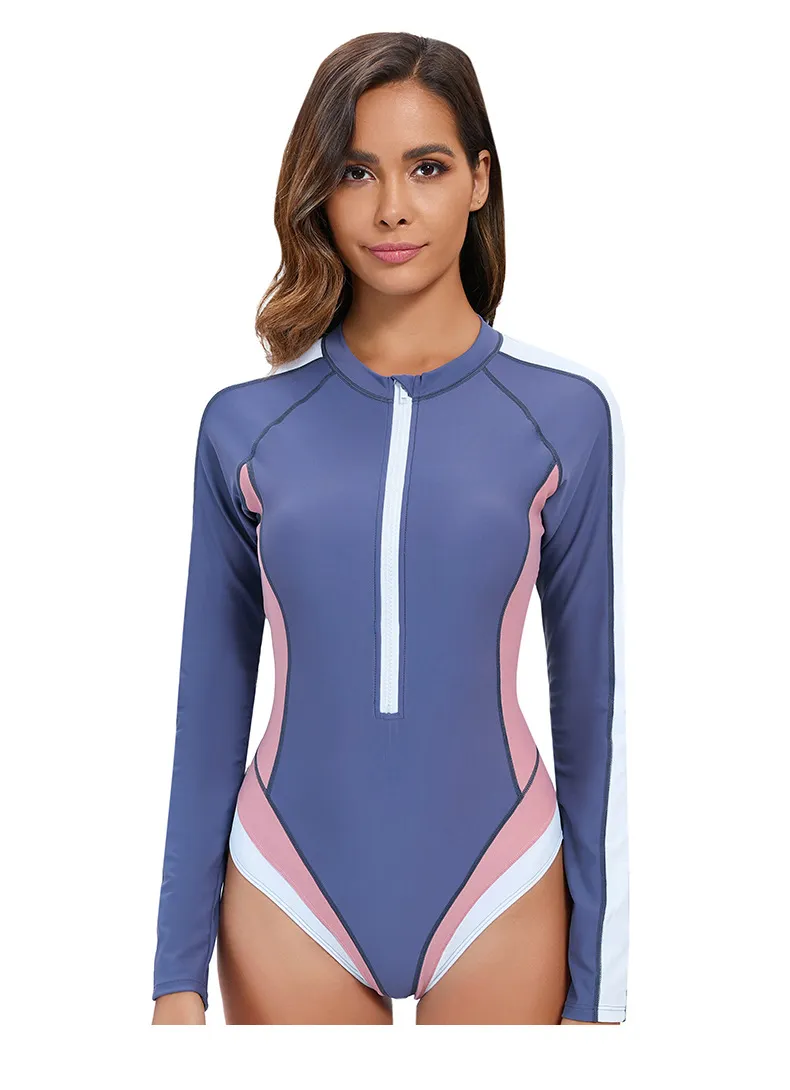 Women One Piece Contrast Color Long Sleeve Surfing Swimwear