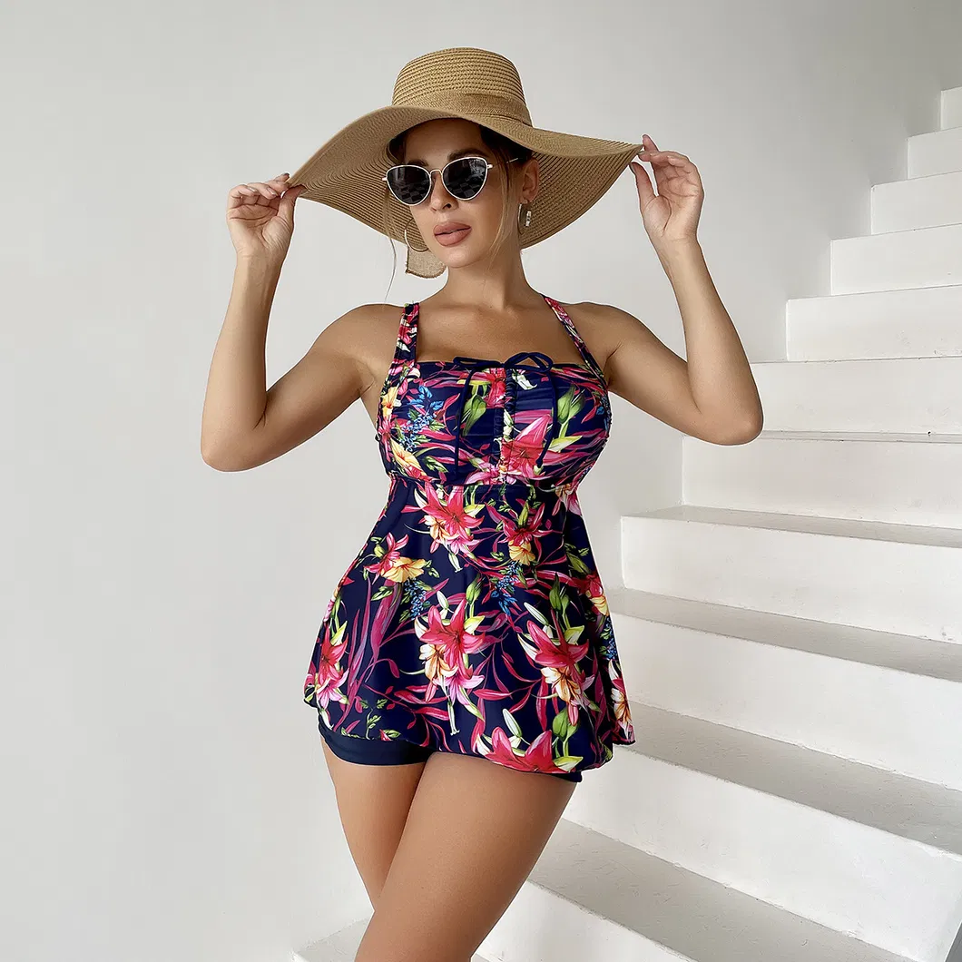 Women&prime;s New Printed Top Drawstring Solid Boyshorts Two Piece Tankini