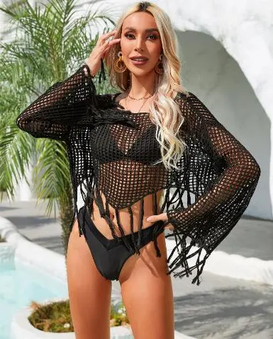 2024 Summer New Amazon Tassel Irregular Bikini Beach Shirt Hollow Knitsunscreen Cover up