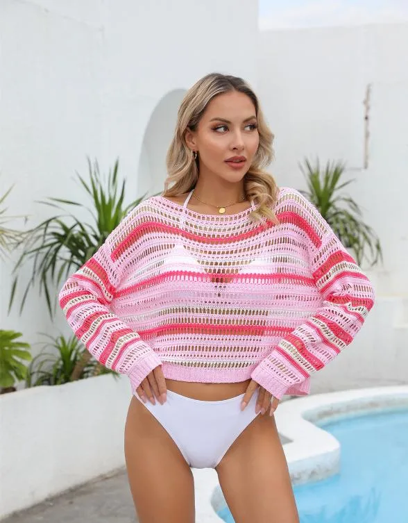 2024 Summer New Amazon Cross Border Foreign Trade Women&prime;s Bikini Hollow Mesh Beach Clothing Sun Protection Knitwear Sweater Clothes Sexy Sweatshirts Knitted