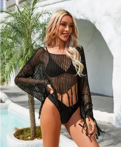 2024 Summer New Amazon Tassel Irregular Bikini Beach Shirt Hollow Knitsunscreen Cover up