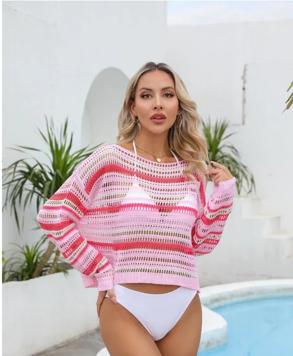 2024 Summer New Amazon Cross Border Foreign Trade Women&prime;s Bikini Hollow Mesh Beach Clothing Sun Protection Knitwear Sweater Clothes Sexy Sweatshirts Knitted